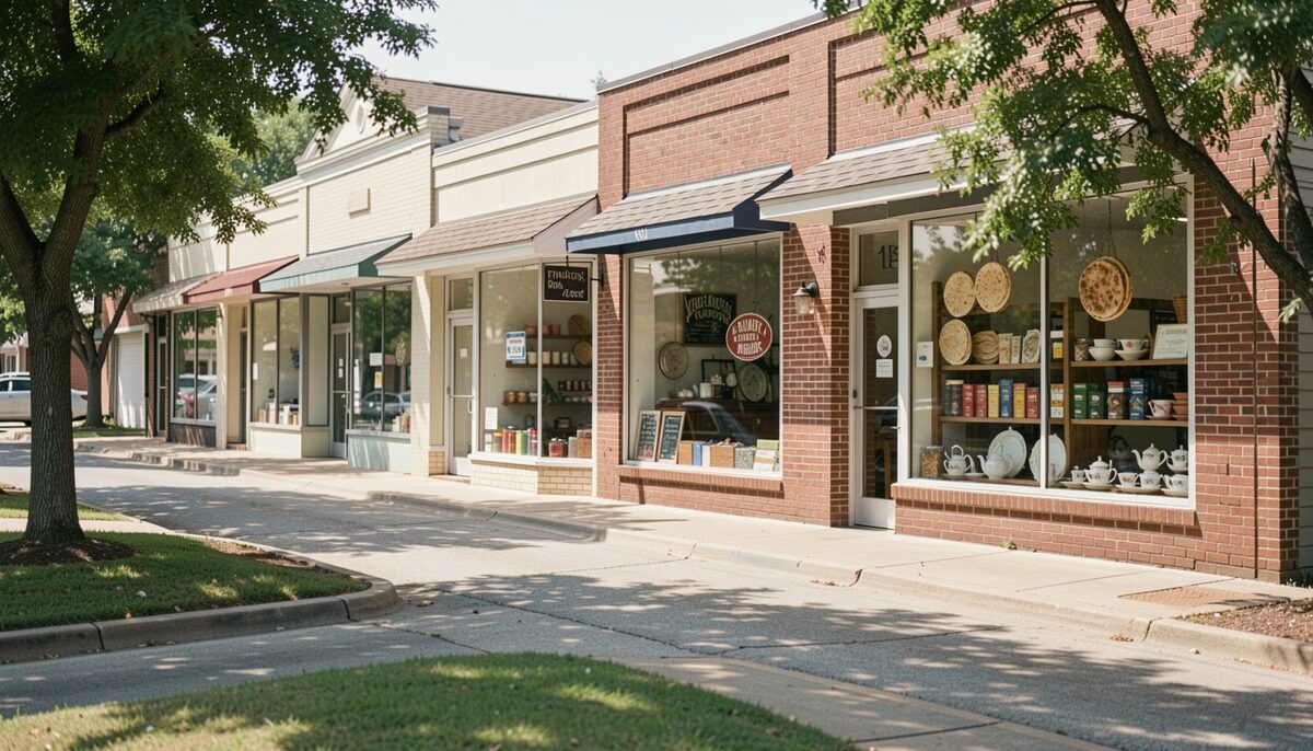 A row of modest storefronts on a sunny suburban street in Dallas, with a small market displaying flatbread, spices, and tea sets in the window.